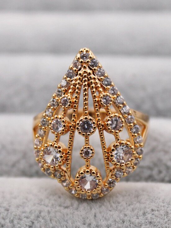Jewelry - 18K Yellow Gold Filled Filigree Teardrop White Diamond Zircon Ring Gorgeous Gift